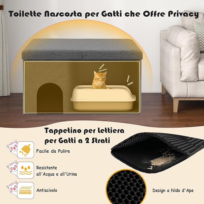 Mobile per Lettiera per Gatti, Panca Portaoggetti con Tappetino Impermeabile e Filtro al Carbone per il Controllo degli Odori e Coperchio Ribaltabile, 90 x 50 x 50 cm(Grigio)