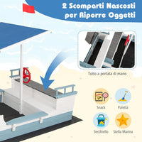 Sabbiera per Bambini a Forma di Nave Pirata con Tettuccio, Barca di Legno di Abete con Bandiera Timone e Sedili, Area Gioco di Sabbia, 218×110×162 cm