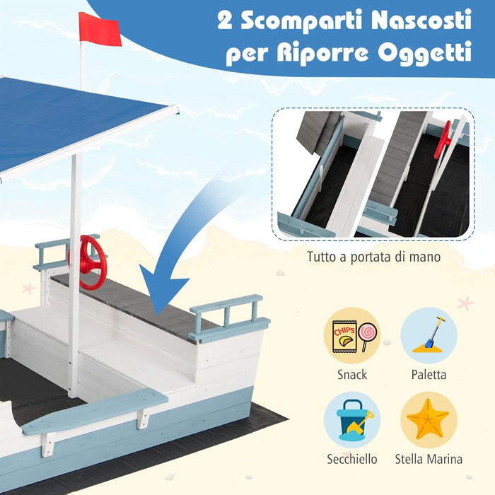 Sabbiera per Bambini a Forma di Nave Pirata con Tettuccio, Barca di Legno di Abete con Bandiera Timone e Sedili, Area Gioco di Sabbia, 218×110×162 cm