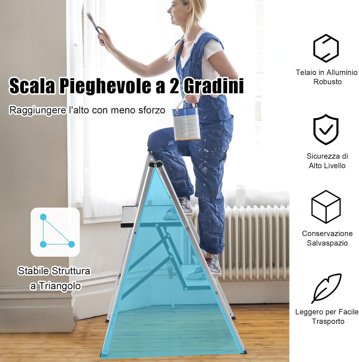 Scala Pieghevole in Alluminio a 2 Gradini, Scaletta Salvaspazio con Fibbia di Sicurezza, Ampi Pedali e Piedini Antiscivolo, Telaio in Alluminio Robusto e Leggero, Portata 150kg