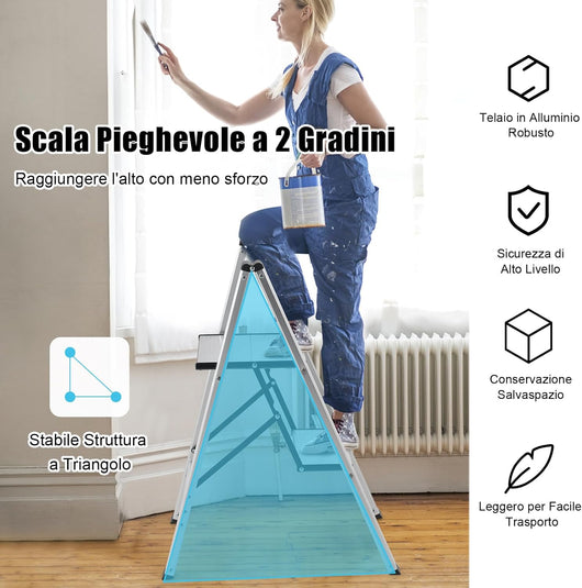 Scala Pieghevole in Alluminio a 2 Gradini, Scaletta Salvaspazio con Fibbia di Sicurezza, Ampi Pedali e Piedini Antiscivolo, Telaio in Alluminio Robusto e Leggero, Portata 150kg