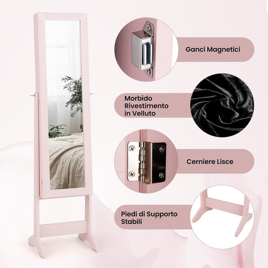 Specchio Portagioie da Terra, Armadietto Portagioie con Specchio a 3 Angoli, Organizer per Gioie Camera da Letto, 35 x 30 x 144 cm (Rosa)