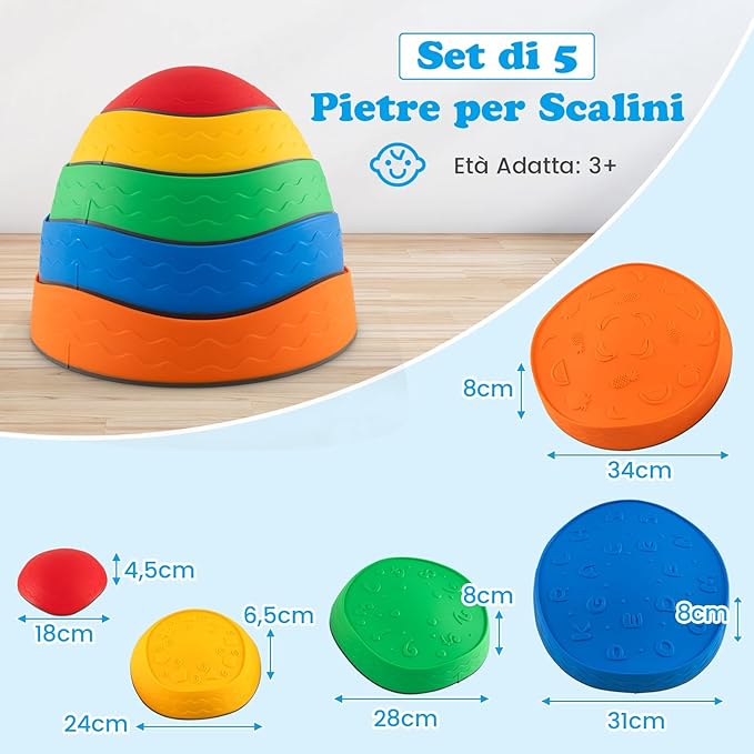 Pietre di Bilanciamento per Bambini 3+ Anni, Pietre Impilabili Antiscivolo da Interno/Esterno, Stepping Stones per Promuove la Coordinazione dell'Equilibrio e la Forza