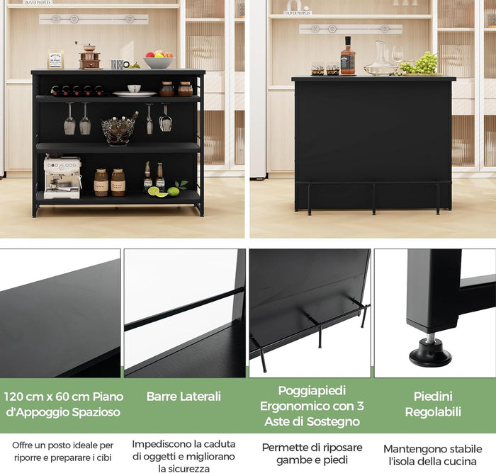 Isola per Cucina con Ampio Piano di Lavoro, Mobile da Cucina con 3 Ripiani Aperti, Poggiapiedi e Piedini Regolabili, Struttura in Metallo, per Cucina, Soggiorno, 120 x 60 x 101cm (Nero)