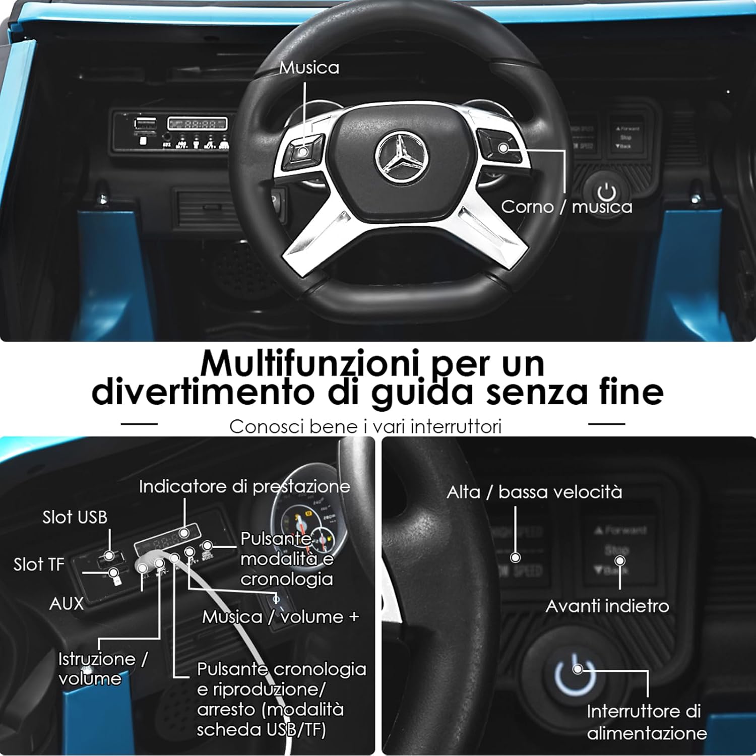 Mercedes Benz Macchina Elettrica per Bambini 12V, Veicolo Elettrico con Luci LED e Chiusura di Sicurezza, Macchina Cavalcabile per Bambini 3-8 Anni (Blu)