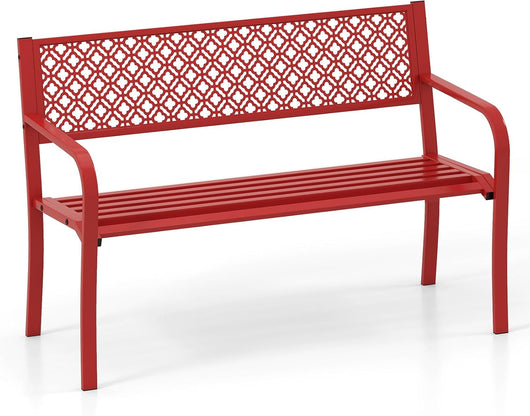 Panchina da Esterno 2-3 Posti, Panca in Metallo con Schienale Motivo Geometrico, Braccioli e Seduta a Doghe, Sedia Moderna per Parco, Cortile e Giardino (Rosso, 127 x 56 x 82 cm)