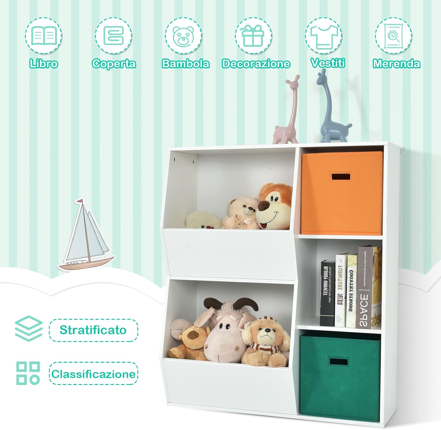 Armadietto Porta Giochi per Bambini, Organizer Giocattoli con 2 Cestini Extra, Libreria Multifunzionale per Libri Giocattoli Bambole, 76x28x94 cm, Bianco