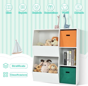 Armadietto Porta Giochi per Bambini, Organizer Giocattoli con 2 Cestini Extra, Libreria Multifunzionale per Libri Giocattoli Bambole, 76x28x94 cm, Bianco