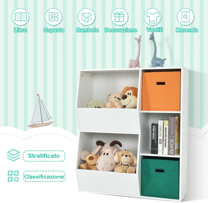 Armadietto Porta Giochi per Bambini, Organizer Giocattoli con 2 Cestini Extra, Libreria Multifunzionale per Libri Giocattoli Bambole, 76x28x94 cm, Bianco