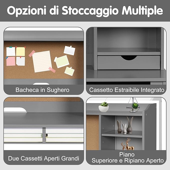 Set Scrivania e Sedia per Bambini 5-12 Anni, Tavolo in Materiale Sicuro con Bacheca in Sughero, 2 Cassetti e Spazio Ampio, Design Moderno, Ideale per Studio e Disegno (Grigio)