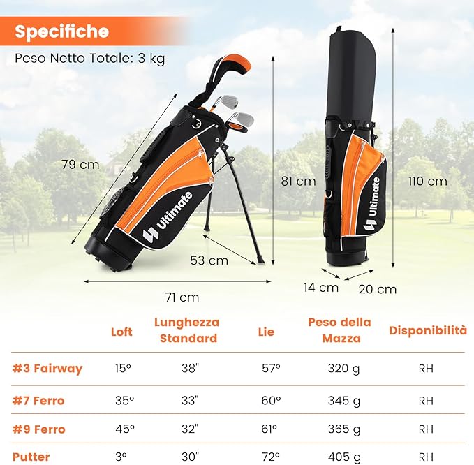 Set Completo di Mazze da Golf per Bambini, Inculude Fairway 3, Ferri 7 e 9, Putter, Copritesta, Borsa Portatile e Cappuccio Antipioggia, Set da Golf per Destrimano(Per 11-13 Anni)