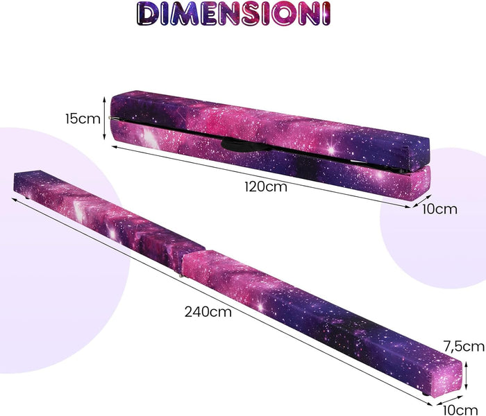 Trave Ginnastica Artistica per Casa 210/240 cm, Trave Pieghevole per Bambini con Maniglia, Base in Legno e Fondo Antiscivolo, Trave di Equilibrio da Pavimento