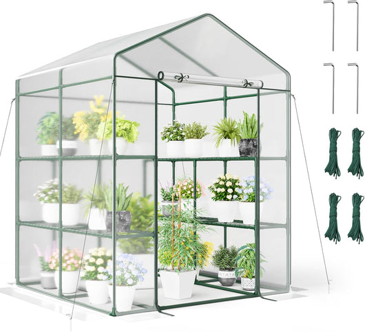 Serra da Giardino con 8 Ripiani, Telo Trasparente in PVC, Porta Avvolgibile con Cerniera, Telaio in Acciaio Robusto e Anticorrosione, Serra da Esterno per Piante, Fiori e Frutta