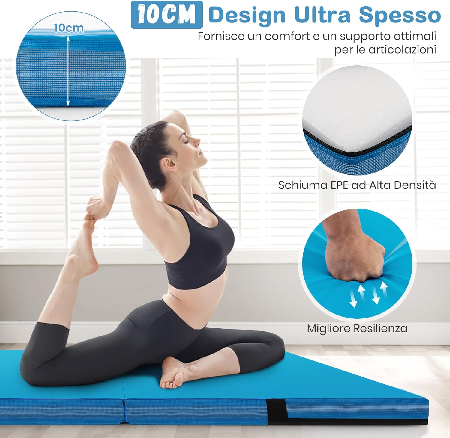 Tappetino FitnessPieghevole, Materassino per Ginnastica e Acrobatica con Rivestimento in Pelle Sintetica e Maniglie, per Esercizi a Casa per Yoga, Stretching e Pilates