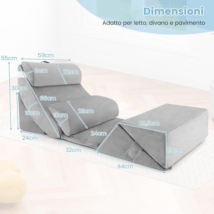 Set di 7 Cuscini per Letto/Divano, Cuscini per Corpo in Memory Foam Regolabili con Copertura Lavabile, Supporto per Testa, Collo, Schiena, Grigio