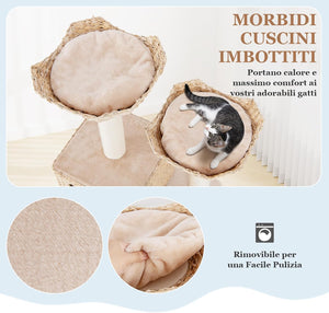 Tiragraffi per Gatti 122cm, Albero per Gatti con Posti per Graffiare in Sisal, Cuccia in Velluto a Coste, Scala e Cuscini Lavabili, Torre Cattail per Animali Domestici, Beige e Naturale