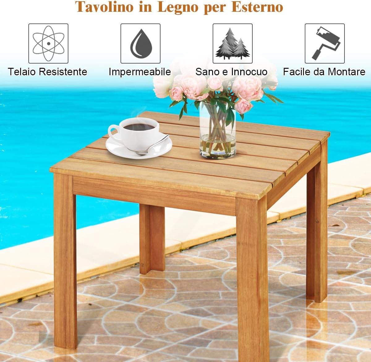 Tavolino da Esterno in Legno di Acacia, Tavolino Quadrato e Resistente, Tavolo Laterale da Giardino, per Balcone Piscina, Portata 100 kg