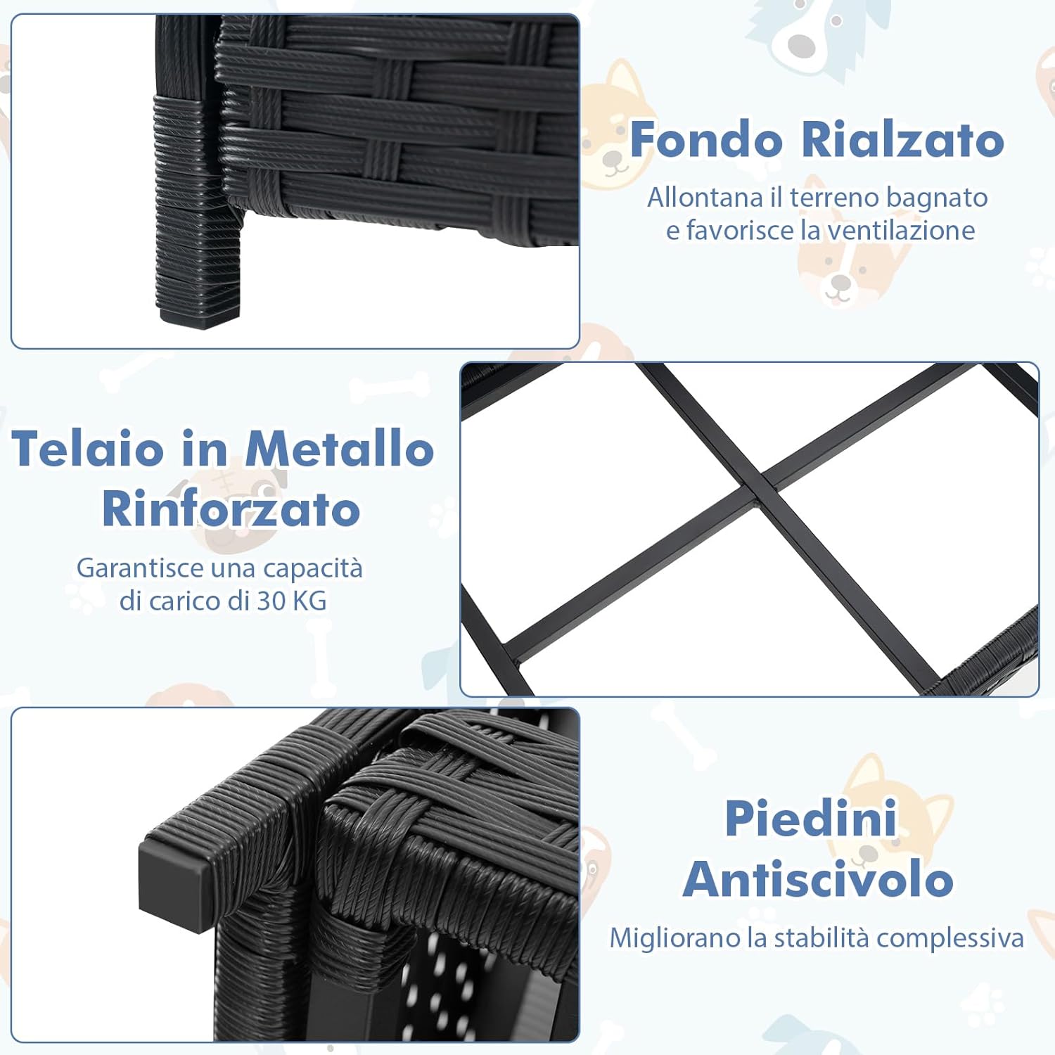 Lettini per Cani in Rattan, Cuccia Estiva per Cani con Cuscino Morbido Impermeabile, Telaio Metallico, Brandina Rialzato da Interno ed Esterno, 62 x 46 x 25 cm