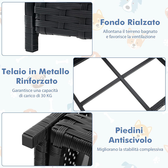 Lettini per Cani in Rattan, Cuccia Estiva per Cani con Cuscino Morbido Impermeabile, Telaio Metallico, Brandina Rialzato da Interno ed Esterno, 62 x 46 x 25 cm