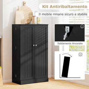 Armadietto Dispensa Alto 104 cm, Mobiletto da Cucina con Ante e Ripiani Regolabili, Credenza Autoportante per Sala da Pranzo, Soggiorno, Camere da Letto, 59 x 30 x 104 cm (Nero)