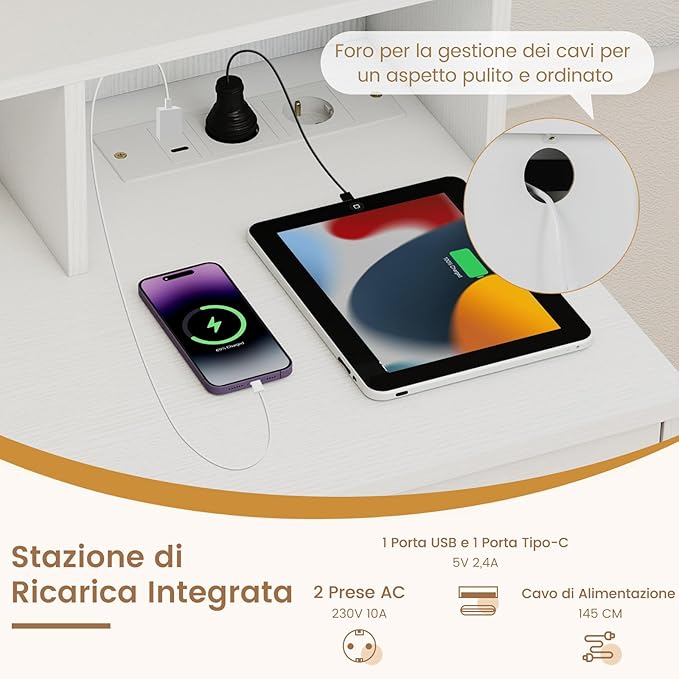 Toeletta da Trucco con 10 Luci, Set Tavolo e Sgabello da Trucco con Stazione di Ricarica, 3 Colori di Luce, 3 Cassetti, 2 Armadietti, Consolle Toeletta per Soggiorno Camera da Letto (Bianco)