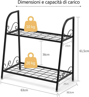 Scaffale Portafiori a 2 Ripiani, Porta Piante da Esterno e Interno a Scala, Scaffale Porta Vasi di Metallo per Balcone, Soggiorno e Giardino, Nero