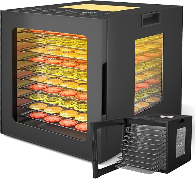 Essiccatore Alimentare 850W Con 10 Vassoi Inox, 10 Programmi, Temperatura da 30 a 75℃, Funzione Timer 48h, Disidratatore per Frutta, Carne, Verdure, Erbe