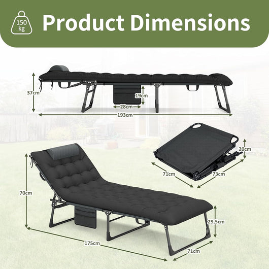 Lettino pieghevole per 1 persona, lettino da giardino esterno con schienale e poggiapiedi regolabile, materasso e poggiatesta rimovibile, per viaggio, giardino, ufficio