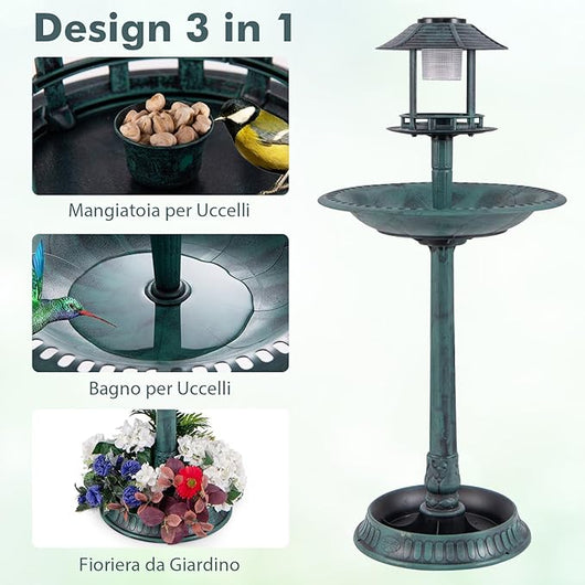 Mangiatoia Decorativa per Uccelli, Casetta per Uccellini da Esterno con Base per Fioriera, Lampada Solare, Decorazione Vintage da Giardino e Cortile (Bronzo, 50 x 50 x 107 cm)
