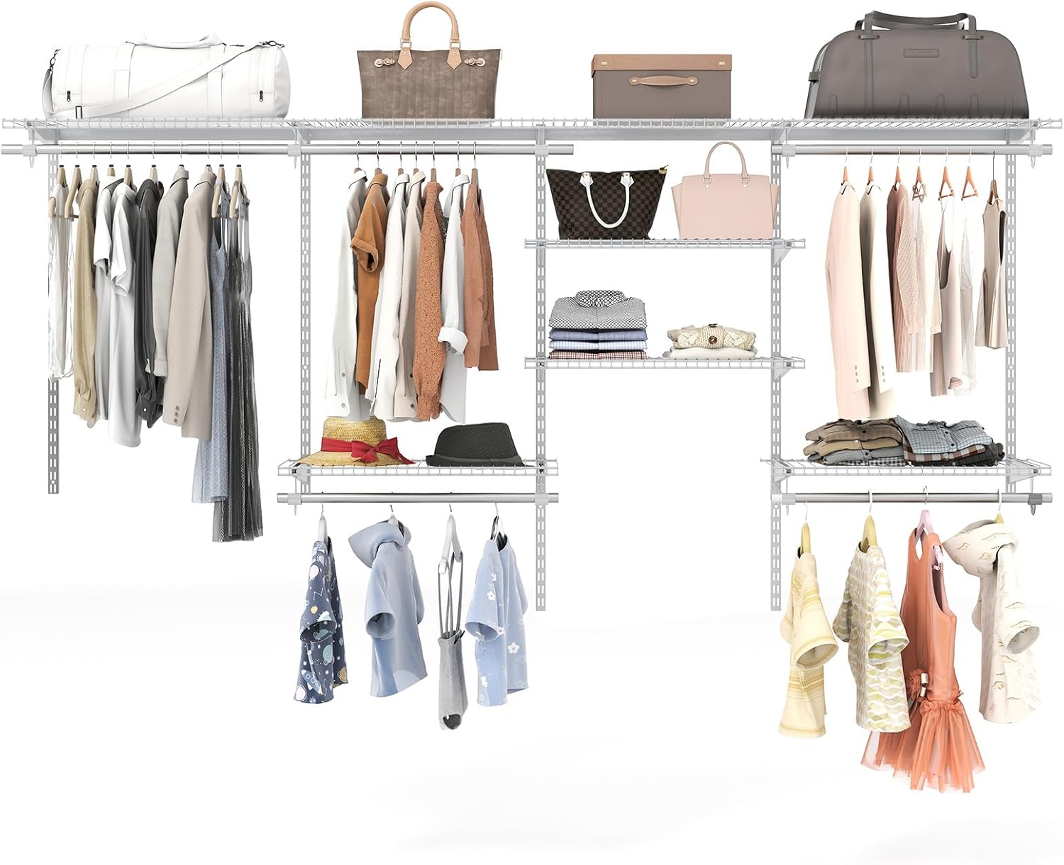 Guardaroba Parete 122-244 CM, Sistema di Organizzazione Regolabile con Asta Pendente, Appendiabiti Metallica, Sistema di Organizzazione e Stoccaggio Armadi per Camera da Letto (Bianco)
