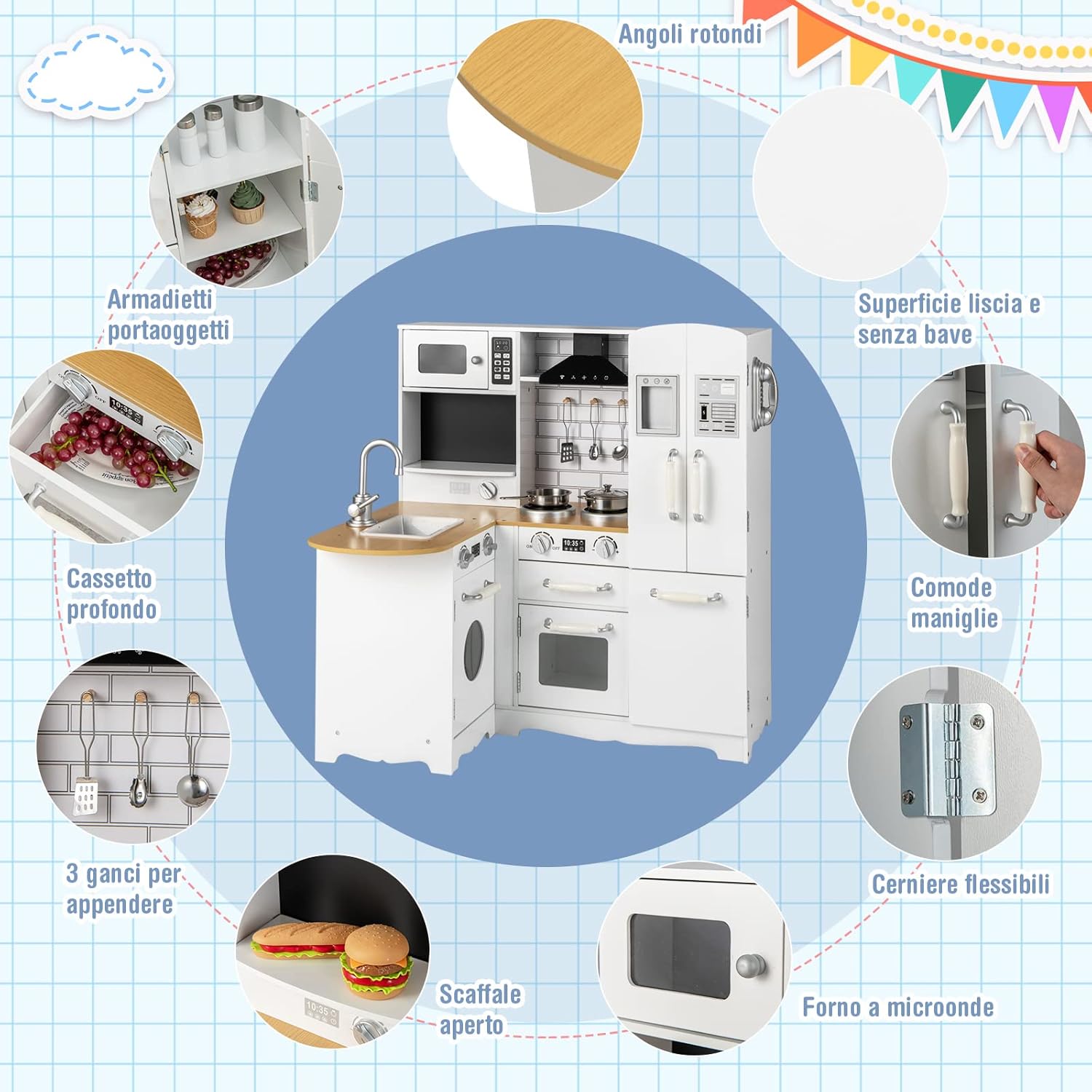 Cucina Giocattolo per Bambini, Cucina per Bambini in Legno con Lavello, Fornelli, Cappa, Telefono, Frigorifero, Lavatrice e Utensili da Cucina, 3 Anni+, Bianco