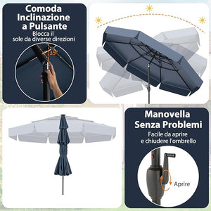 Ombrellone Esterno 300 cm, con 32 Luci LED, Ombrellone Giardino con Regolazione Inclinazione, Manovella e 8 Stecche, Parasole da Esterno con Tettuccio Ventilato a 3 Livelli