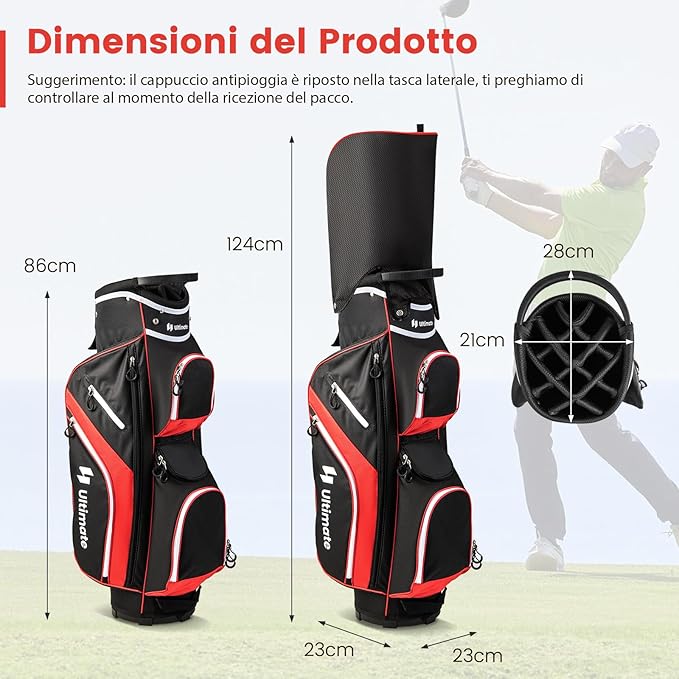 Borsa da Golf con Divisori Superiori a 14 Vie, 9 Tasche, Tasca Termica, Tasca per Scarpe, Porta Ombrello, Doppia Tracolla e Cappuccio Antipioggia, Sacca da Golf per Uomo e Donna