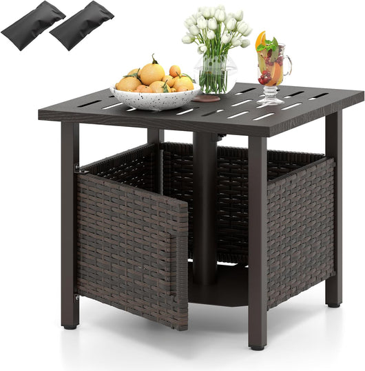 Tavolino da Esterno con Foro per Ombrellone da 4,9 cm, Tavolo da Patio in Rattan PE, Tavolino Laterale per Giardino, Terrazza e Bordo Piscina, Portata 120 kg