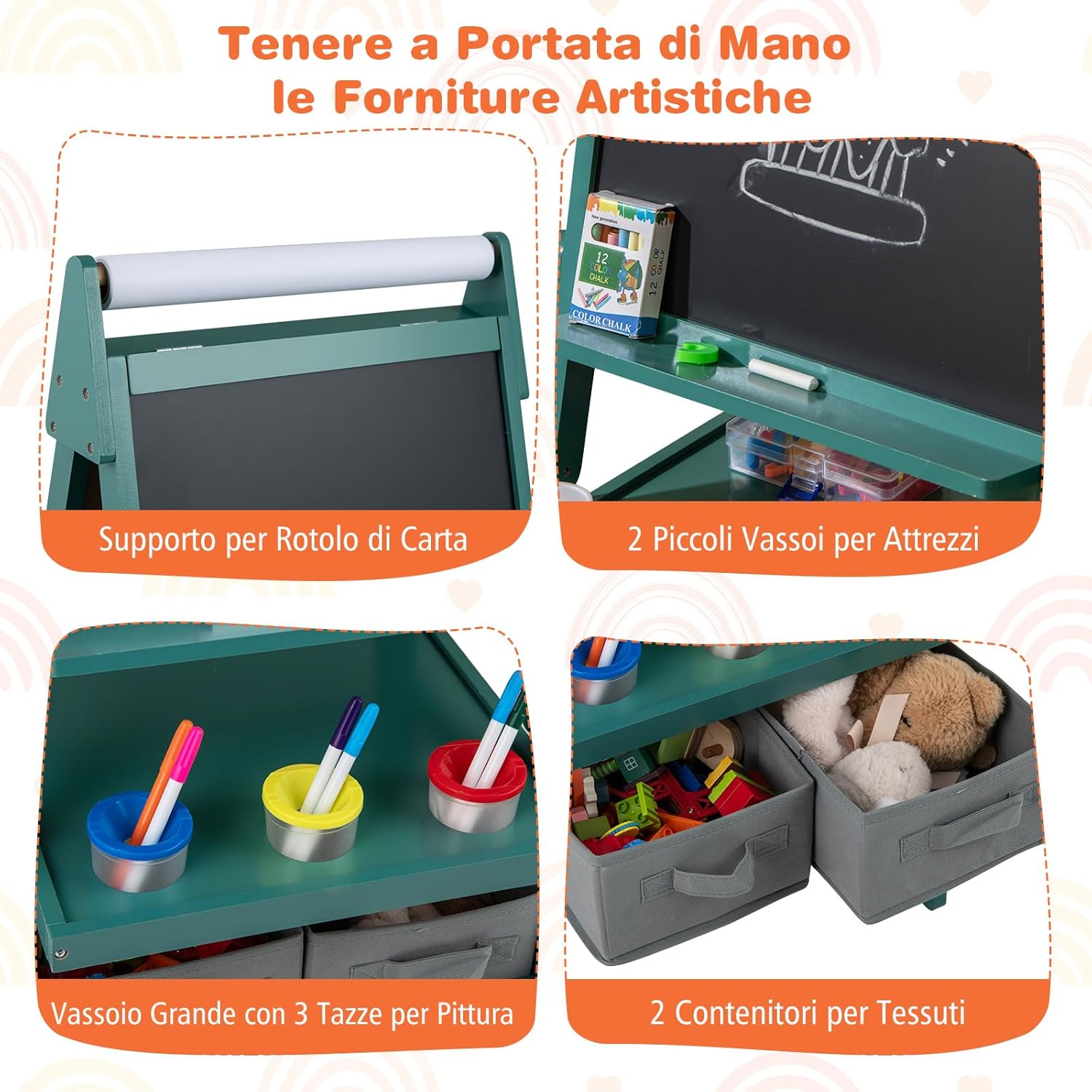 3 in 1 Cavalletto per Bambini, Cavalletto con Doppia Faccia Magnetica e Lavagna Bianca, Rotolo di Carta, 3 Bicchieri per Vernice e 2 Ceste in Tessuto, per Bambini 3-6 Anni (Verde)