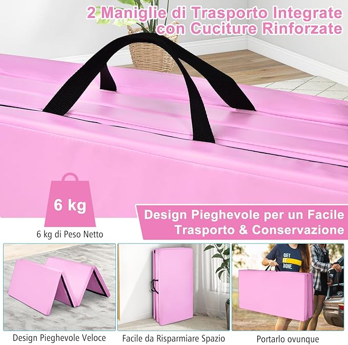 Tappetino da Ginnastica con Maniglia, Gancio, Chiusura a Cerniera e Copertura in Pelle PU Staccabile, Tappetino da Esercizio Pieghevole per Yoga, Stretching e Aerobica(Rosa monocroma)