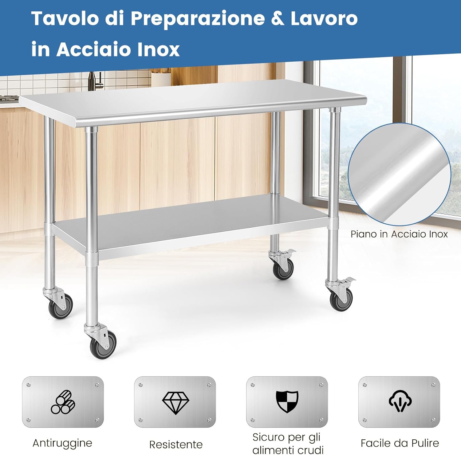 Tavolo da Lavoro in Acciaio Inox, con 4 Ruote Bloccabili Gambe Zincate e Ripiano Regolabile, Tavolo Multiuso per Cucina Ristorante e Lavanderia, 122 x 61 cm, Argento