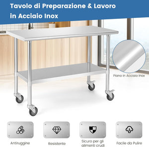 Tavolo da Lavoro in Acciaio Inox, con 4 Ruote Bloccabili Gambe Zincate e Ripiano Regolabile, Tavolo Multiuso per Cucina Ristorante e Lavanderia, 122 x 61 cm, Argento