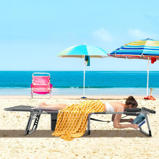 Sedia a sdraio pieghevole da esterno con 5 posizioni regolabili foro per viso, Lettino prendisole portatile Grigio-Poltrone e sdraio