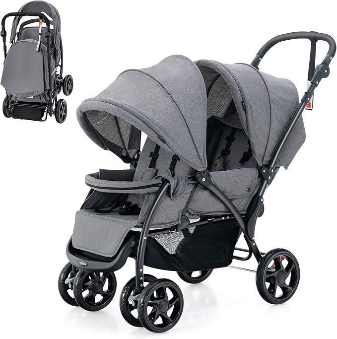 Passeggino Doppio Pieghevole per Bambini, Passeggino Gemellare Pieghevole, con Seduta in Tandem e Tettuccio, Schienale Regolabile, Ruote Bloccabili e Antiurto, Portata Totale 30 kg (Grigio)