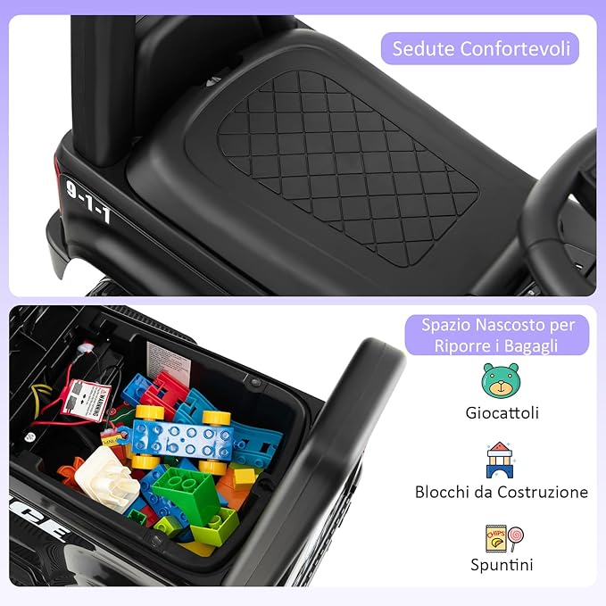 Auto Elettrica per Bambini, Auto della Polizia Giocattolo con Clacson Luce di Avvertimento e Suono della Sirena, Velocità 3 km/h, per Bambini 18-60 Mesi (Nero)