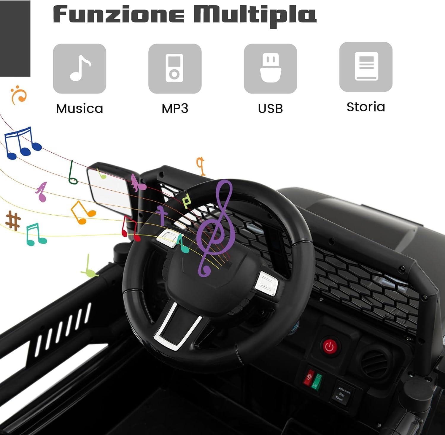 12V Auto per Bambini con Telecomando, Macchina Elettrica con Fari Luminosi, Musica, Porta USB e Aux, Velocità 2,5-4,5 km/h, Regalo per Bambini 3-7 Anni (Nero)