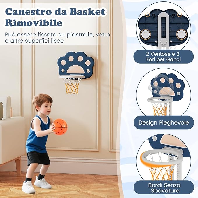 3 in 1 Canestro da Basket per Bambini, con Canestro Calcio e Golf, Cerchio Rimovibile e Pieghevole, Set da Gioco Regolabile per Interno ed Esterno, 3 Anni+ (Blu Scuro)