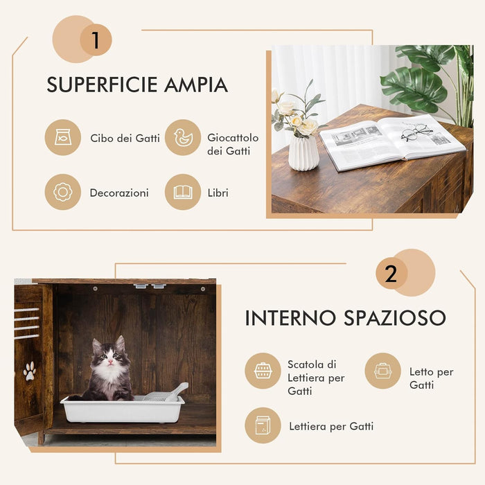 Mobile per Lettiera Gatti, con Doppie Porte a Feritoia, Ingresso Laterale, Cuccia e Toilette, Mobiletto Multiuso per Ingresso e Soggiorno, Portata 50 kg, 70 x 52 x 51 cm
