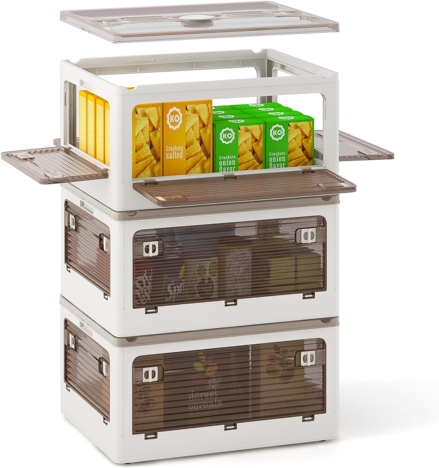 Set di 3 Contenitori Impilabili con Coperchi, Contenitori Pieghevoli in Plastica 132/90 L, Organizzatore con Ruote per Camera da Letto Soggiorno e Cucina (47x35x71,5cm)