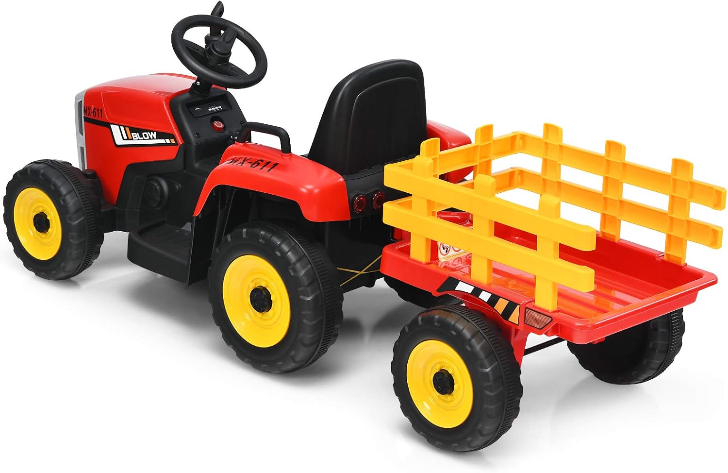 Trattore con Rimorchio Cavalcabile per Bambini 12V, Trattore Elettrico Telecomandato, con Luci e Suoni, 30kg, 3+ Anni (Rosso)