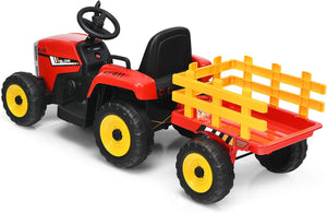 Trattore con Rimorchio Cavalcabile per Bambini 12V, Trattore Elettrico Telecomandato, con Luci e Suoni, 30kg, 3+ Anni (Rosso)