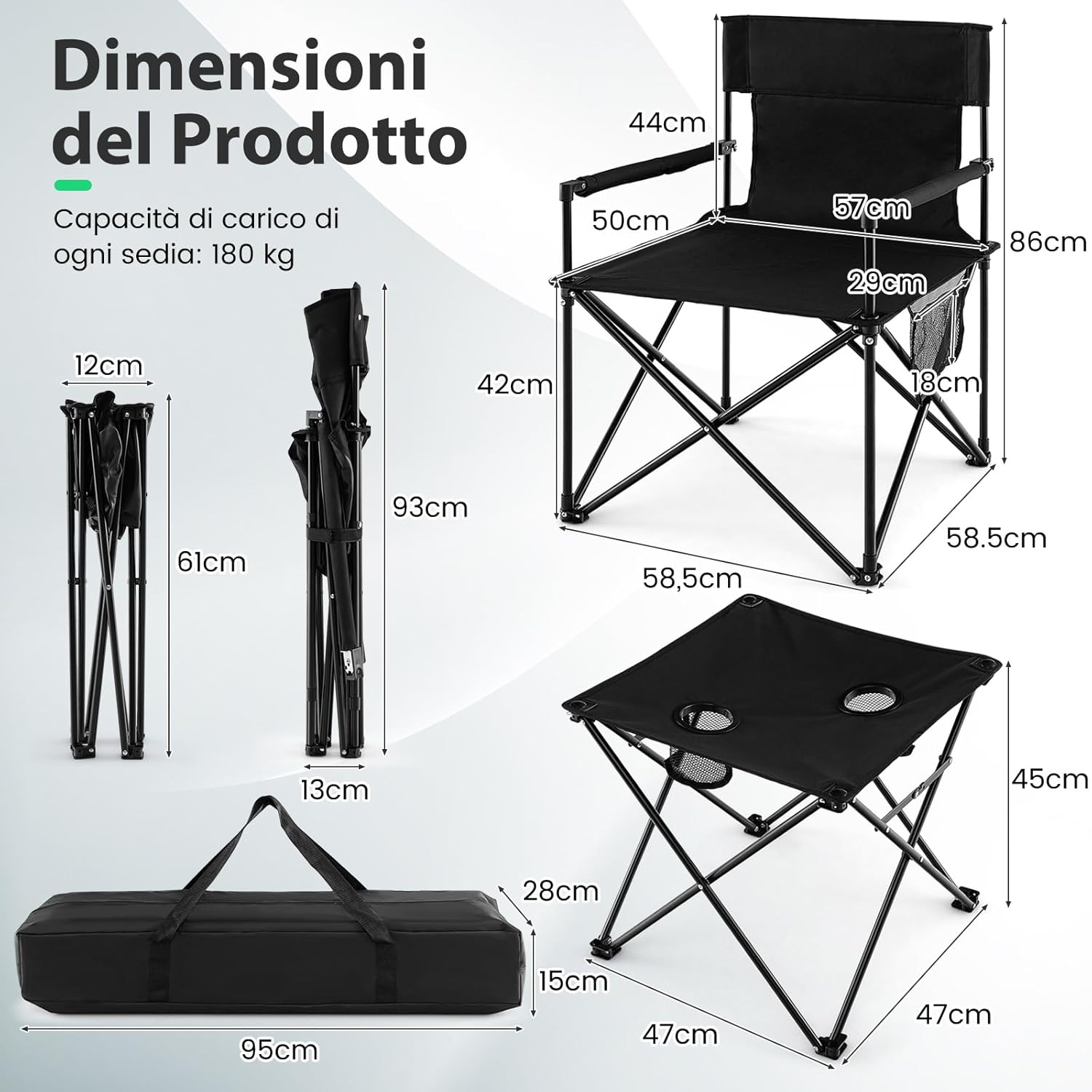 Set di 3 Sedie da Campeggio Pieghevoli, Sedia da Giardino Portatile e Tavolino con 2 Portabicchieri, Tasche Portaoggetti, per Pesca, Escursioni, Picnic