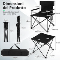 Set di 3 Sedie da Campeggio Pieghevoli, Sedia da Giardino Portatile e Tavolino con 2 Portabicchieri, Tasche Portaoggetti, per Pesca, Escursioni, Picnic