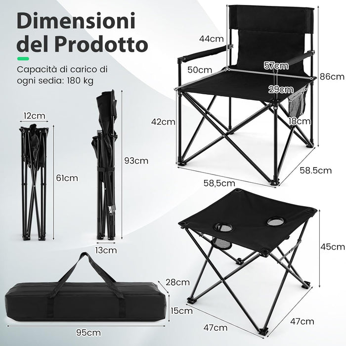 Set di 3 Sedie da Campeggio Pieghevoli, Sedia da Giardino Portatile e Tavolino con 2 Portabicchieri, Tasche Portaoggetti, per Pesca, Escursioni, Picnic